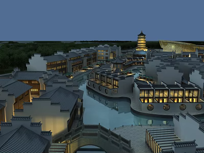 Charming Traditional Commercial Street with River Bridge Ancient Pagoda and Lit Buildings 3d model