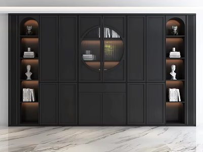 Modern Black Display Cabinet With Circular Glass Window Open Shelves Displaying Books Sculptures And Decorations 3d model