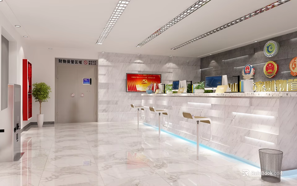 Bright Service Hall Interior With White Marble Counter Stools Green Plant And Red Bulletin Board 3d model 