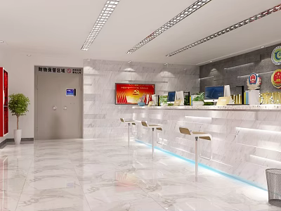 Bright Service Hall Interior With White Marble Counter Stools Green Plant And Red Bulletin Board 3d model