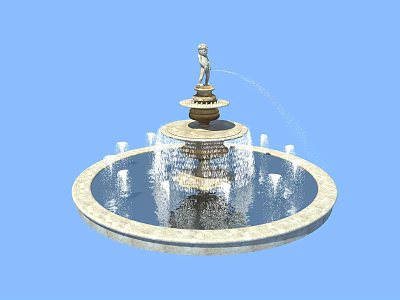 Garden Fountain With Statue And Multi Tiered Structure Circular Basin Water Jets 3d model
