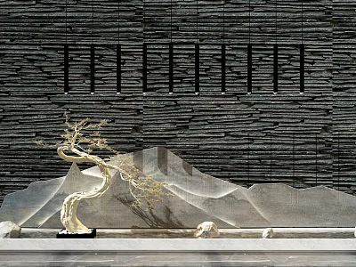 Garden Ornament With Shaped Tree Vertical Slats Mountain Decoration And Black Stone Wall 3d model