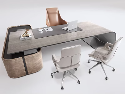 Modern Office Desk With Gray Surface Ergonomic Chairs Laptop Documents And Storage Compartment 3d model