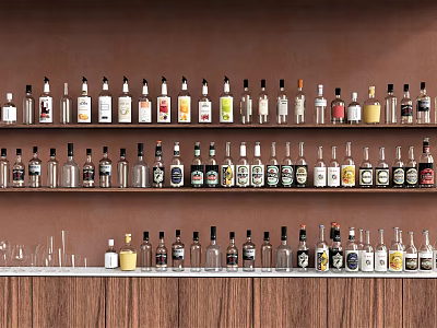 Wine Bottles And Glasses Neatly Arranged On Wooden Shelves With Brown Background 3d model