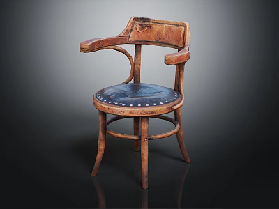 Vintage Wooden Chair With Leather Seat Armrests And Rivet Details For Home Decor 3d model