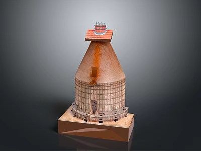 Conical Architectural Building Model With Red Roof Rusty Exterior Grid Structure And Base 3d model
