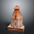 Conical Architectural Building Model With Red Roof Rusty Exterior Grid Structure And Base