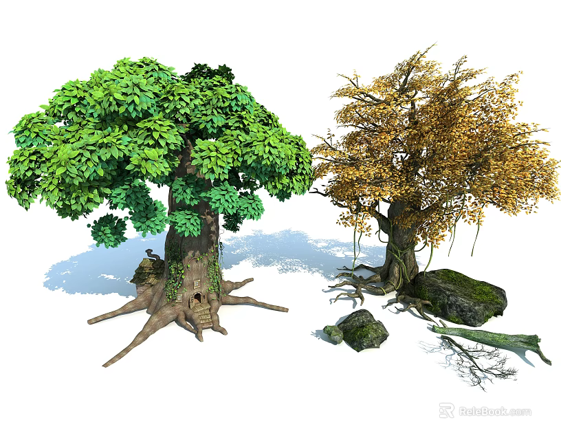 Lush Green and Golden Leaf Arbor Trees with Exposed Roots and Surrounding Stones 3d model 