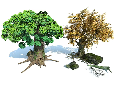 Lush Green and Golden Leaf Arbor Trees with Exposed Roots and Surrounding Stones 3d model