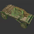 Old Wooden Cart Loaded With Logs And Sacks On Dark Surface