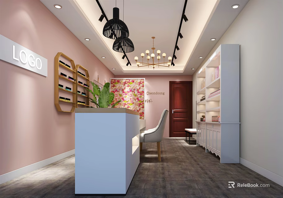 Elegant Beauty Hair Salon Interior Design With White Reception Counter Pink Wall Chandeliers And Shelves 3d model 