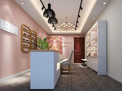 Elegant Beauty Hair Salon Interior Design With White Reception Counter Pink Wall Chandeliers And Shelves 3d model