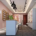 Elegant Beauty Hair Salon Interior Design With White Reception Counter Pink Wall Chandeliers And Shelves