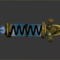 Golden Blue Glowing Fantasy Pistol With Spiral Spring Mechanical Handle And Shiny Metal Parts