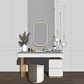 Minimalist Dressing Table With Oval Mirror Pendant Lights And Striped Backdrop 3d model