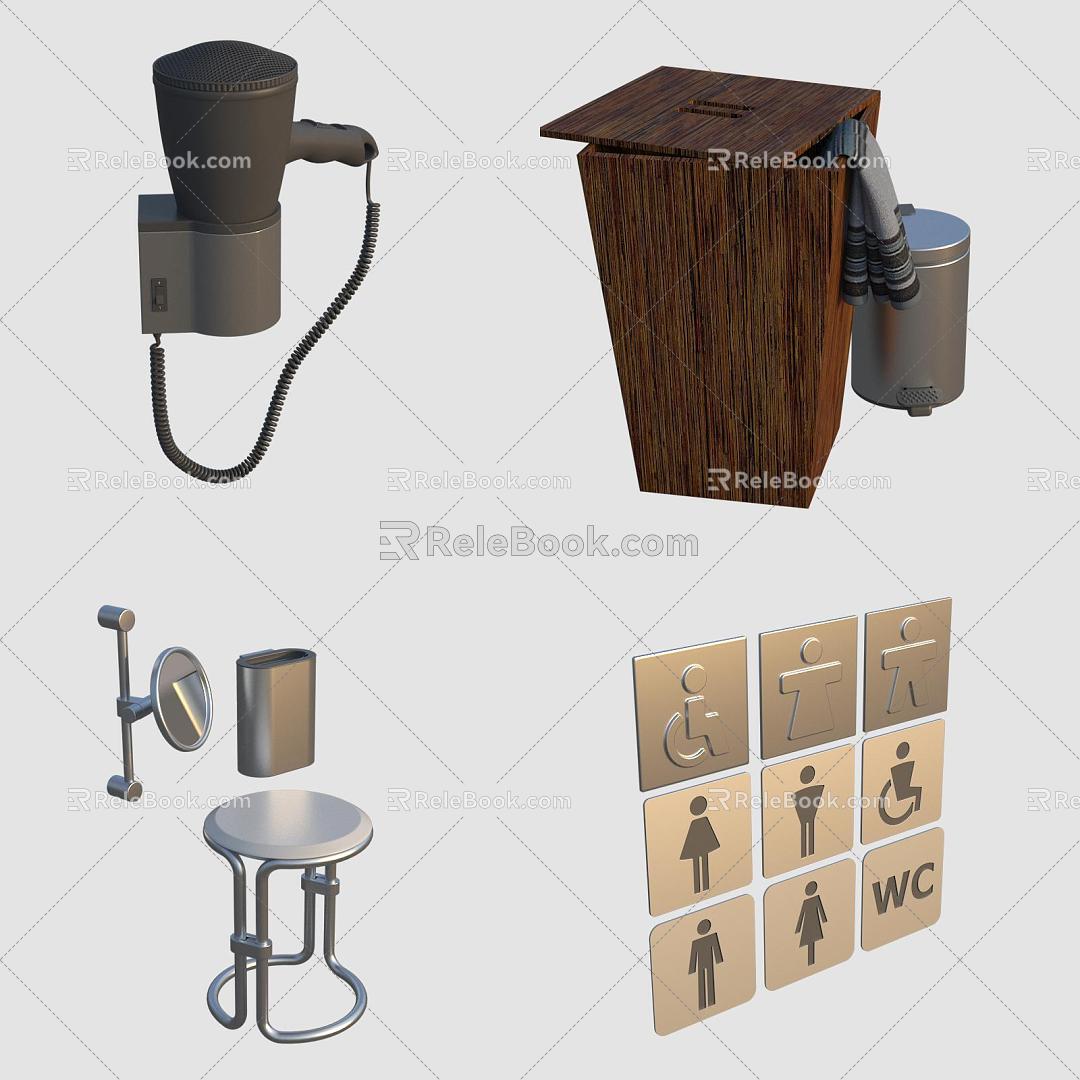 Toilet Bathroom Supplies Toiletries Hair Dryer Trash Bin Dirty Bucket 3d model