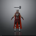 Female Thor Character In Purple Red Outfit With Red Cape Helmet And Floating Hammer