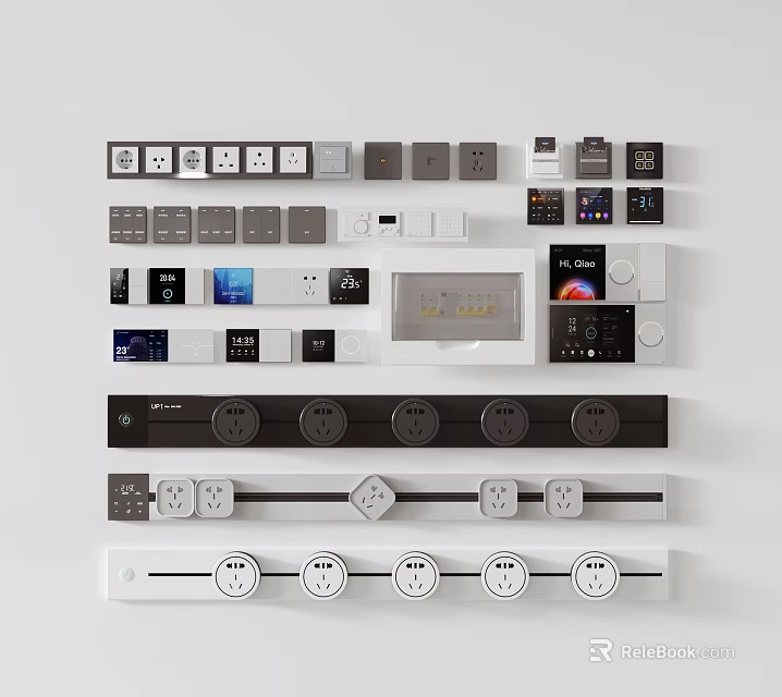Modern Switch Panels With Various Designs Different Colors And Smart Sockets 3d model