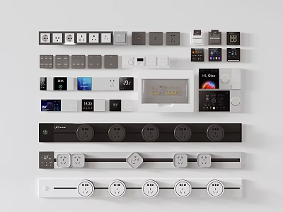 Modern Switch Panels With Various Designs Different Colors And Smart Sockets 3d model