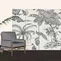 Decorative Room Divider Screen With Black And White Plant And Bird Patterns In Living Room