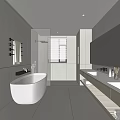 Modern White Bathroom Interior Design With Bathtub Shower Large Mirror Vanity And Blinds