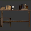 Rustic Wooden Table With Open Book Stacked Books Wine Glass And Stool