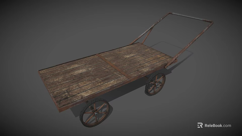Rustic Old Wooden Cart With Worn Planks Metal Frame And Wheels 3d model 