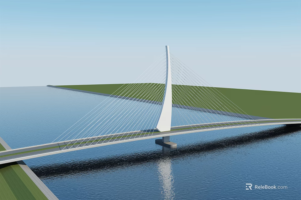 Modern Cable Stayed Bridge With White Pylon And Cables Over Water And Green Landscape 3d model 