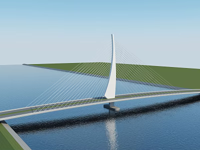 Modern Cable Stayed Bridge With White Pylon And Cables Over Water And Green Landscape 3d model