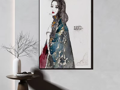 Artistic Portrait of a Woman on Wall with Vase and Small Table Decor 3d model