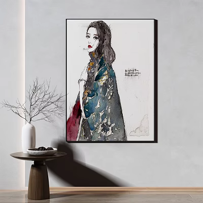 Artistic Portrait of a Woman on Wall with Vase and Small Table Decor 3d model