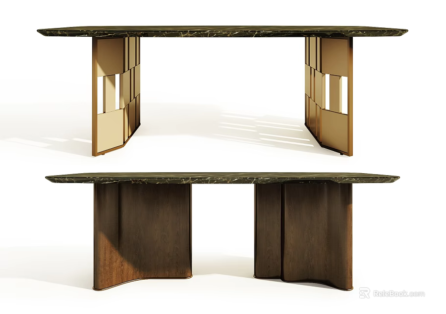 Elegant Modern Dining Table With Marble Top And Wooden Base Design 3d model 