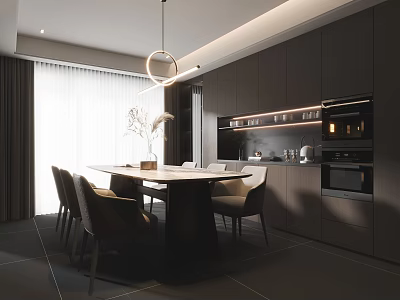 Modern Dining Room with Dark Cabinetry Pendant Light Natural Light Dining Table Chairs Decorative Plant 3d model