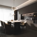 Modern Dining Room with Dark Cabinetry Pendant Light Natural Light Dining Table Chairs Decorative Plant