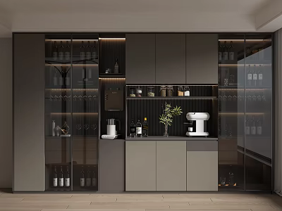 Modern Wine Cabinet with Glass Doors Wine Bottles Glassware on Sleek Countertop in Contemporary Interior 3d model