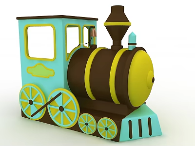 Swing Door Design On Colorful Toy Train With Blue Yellow Wheels And Chimney 3d model