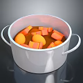 Fresh Orange Chunks Simmering In White Pot For Delicious Homemade Stew