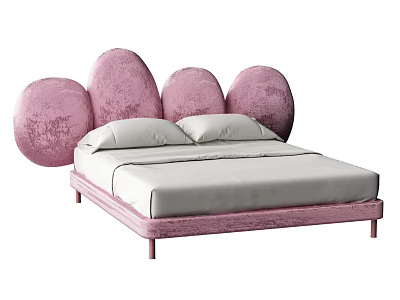 Double Bed With Pink Velvet Round Shaped Headboard Pink Frame And Gray Mattress 3d model