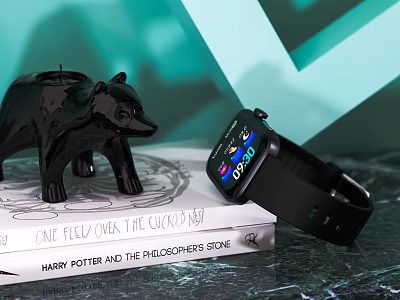Smartwatch Display With Books And Decorative Bear Figurine 3d model