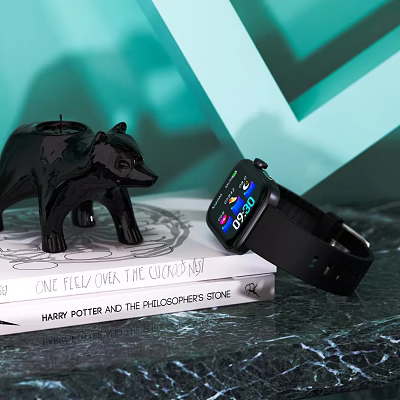 Smartwatch Display With Books And Decorative Bear Figurine 3d model
