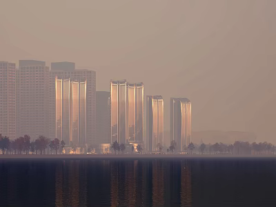 Tall Modern Office Buildings in City with Water Reflection and Foggy Scene 3d model
