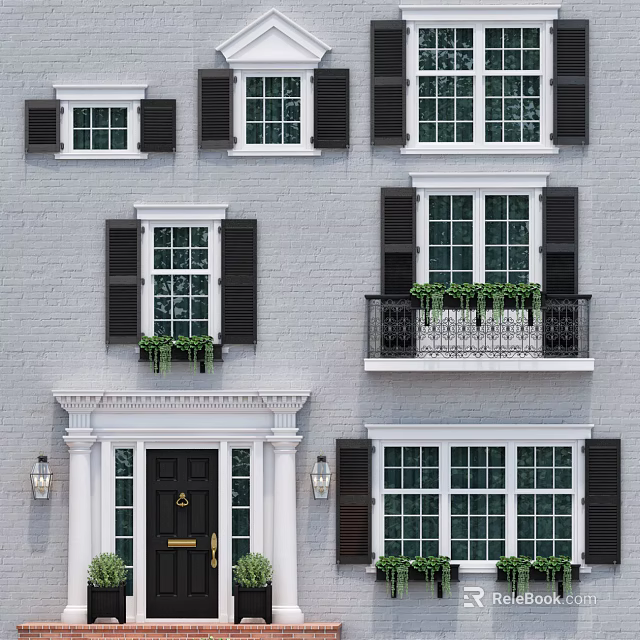 Gray Brick Building Casement Windows With Black Shutters And Green Plants 3d model 