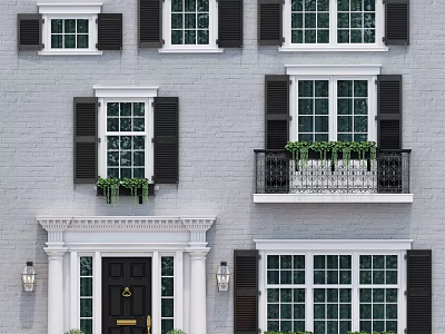 Gray Brick Building Casement Windows With Black Shutters And Green Plants 3d model