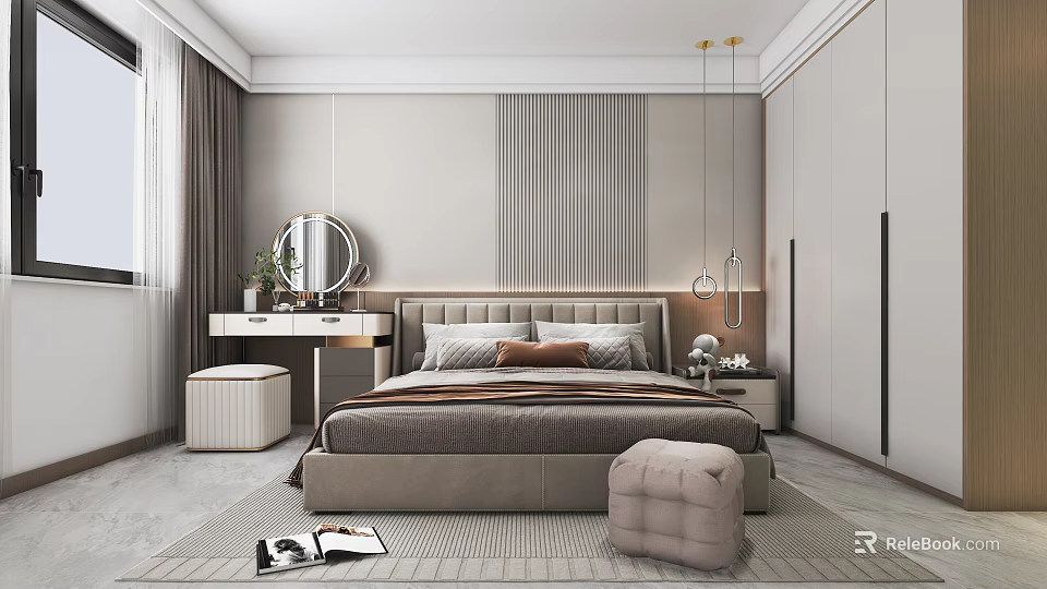Modern Bedroom Interior Design With Large Bed Nightstand Dressing Table And Wardrobe 3d model