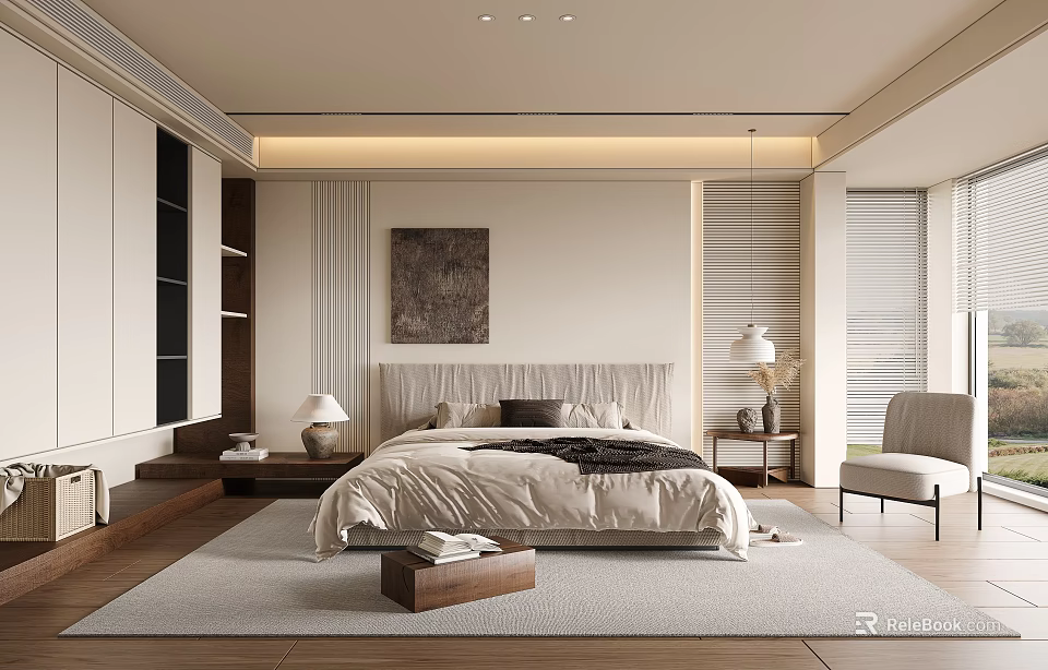 Modern Bedroom Interior Design With Large Bed Nightstands Pendant Light And Accent Chair 3d model 