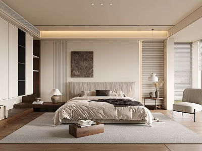 Modern Bedroom Interior Design With Large Bed Nightstands Pendant Light And Accent Chair 3d model