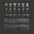 Colorful Fantasy Weapon Collection with Vibrant Designs Including Shields Spears and Swords