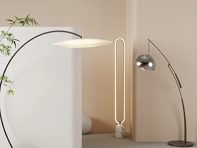 Modern Arc Floor Lamp Designs With Bamboo In Minimalist Interior Space 3d model