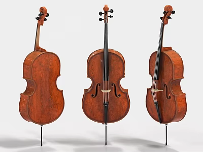 Three Traditional Wooden Cellos Displayed On Stands With Front And Side Views 3d model