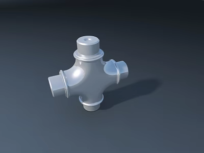 Silver Cross Shaped Faucet Connector with Four Ports Smooth Surface and Dark Background 3d model